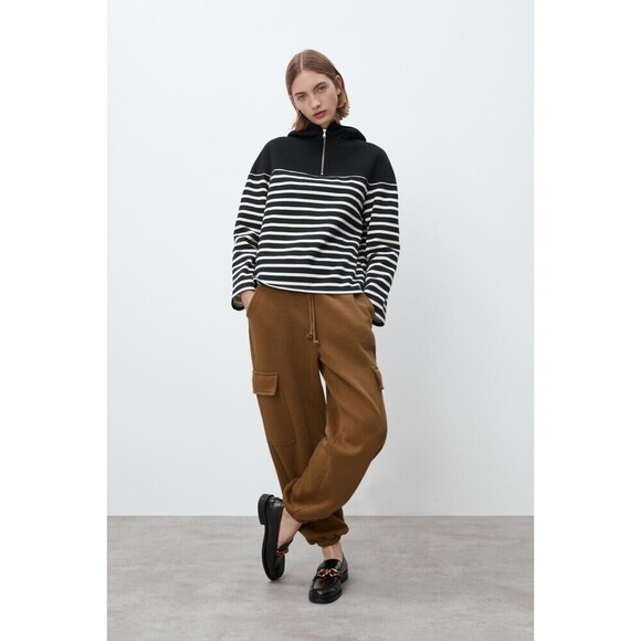 Navy Blue White Striped Zara Half Zip Long Sleeve Hoodie Sweatshirt (NWT) - Picture 9 of 9